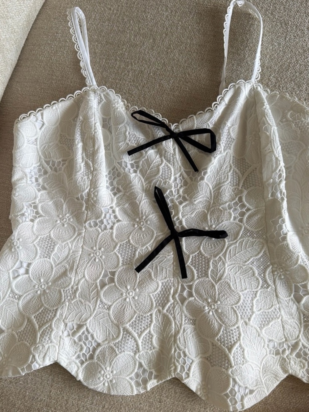 Ranna Gill White Lace Floral Camisole with Black Bow Details